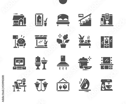 Home and living. House, door, bed, stairs, wardrobe, bathroom and other. Makeup table. Vector Solid Icons. Simple Pictogram
