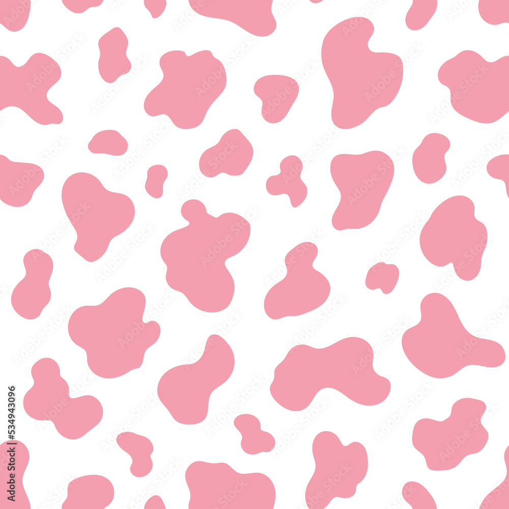 Cow seamless pattern. Hand drawn vector illustration. Pink spot on white background. Texture for print, textile, fabric, packaging.