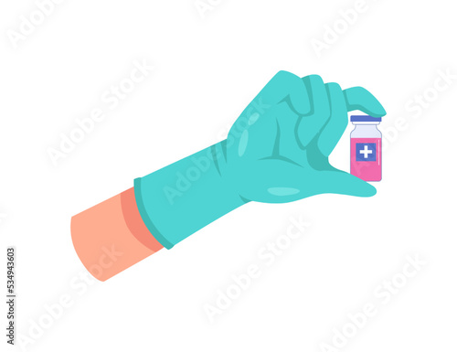 Vaccination and health care, preventive measures protecting from diseases and illnesses. Isolated hand of doctor wearing sterile gloves holding vaccine. Vector in flat cartoon style
