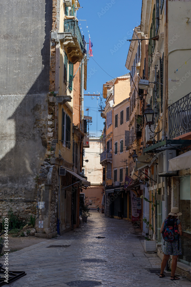 Corfu, Greece. September 02, 2022: A historic street in the old part of Corfu town.