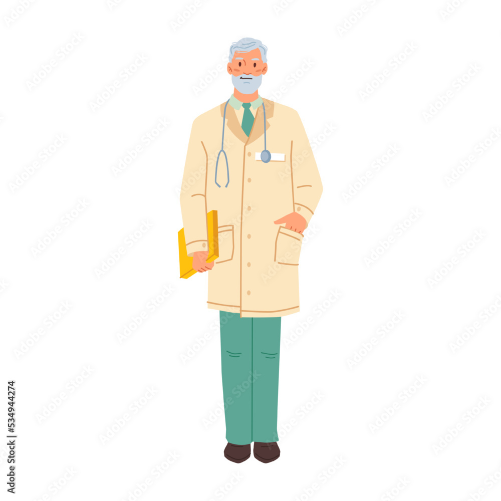 Professor or doctor with stethoscope on neck and document in hands. Medical staff, worker in clinics or hospital. Personage or character, vector in flat cartoon style Professor or doctor with stethoscope on neck and document in hands. Medical staff, worker in clinics or hospital. Personage or character, vector in flat cartoon style