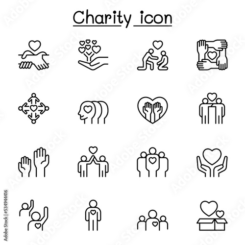 charity icon set in thin line style