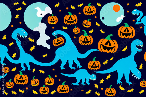 Scary Halloween background with dinosaurs and pumpkins photo