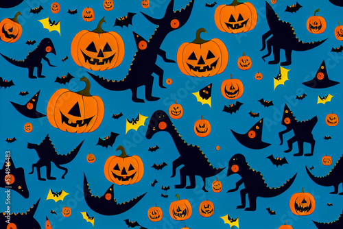 Scary Halloween background with dinosaurs and pumpkins photo