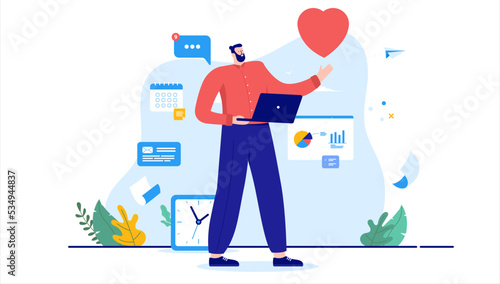 Love work - Satisfied man standing with computer enjoying his job and career. Job satisfaction concept, cartoon vector illustration in flat design with white background