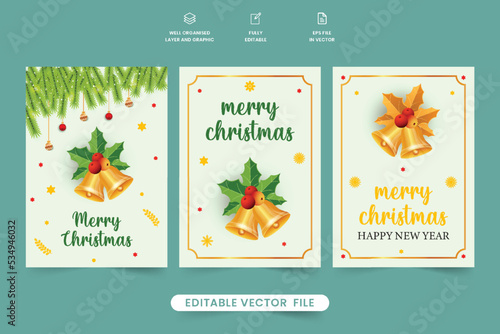 Printable Christmas greeting card vector with jingle bells and red berries. Xmas gift card template and holiday wish card design with white background. New year and Christmas invitation card vector.