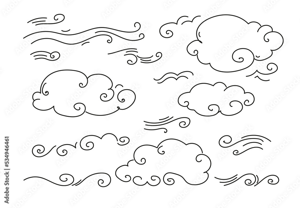 Vector doodle set of doodle wind, weather, environment.
