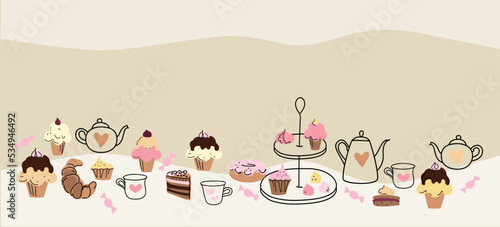 Afternoon tea set with cakes, doodle sketch hand drawn vector design.