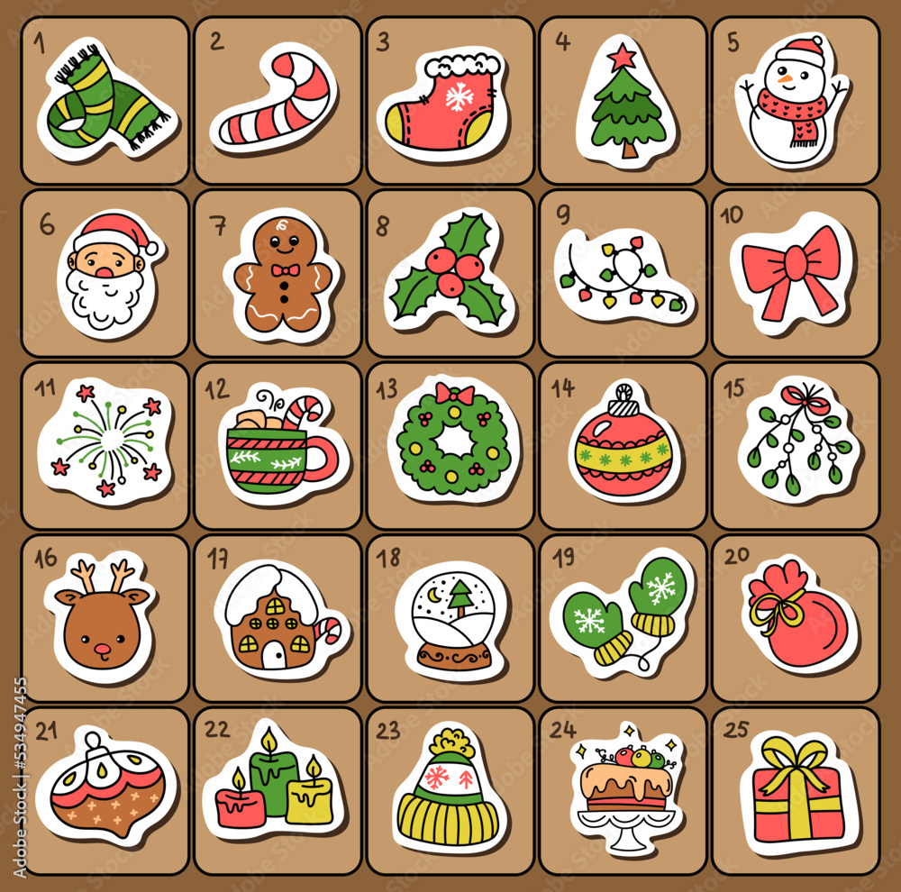 Christmas Advent calendar with hand drawn elements. Christmas Advent calendar with hand drawn elements.