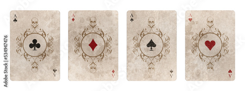 Aces with ornate pattern and skulls, isolated on white background of aged retro style poker cards. Halloween playing cards