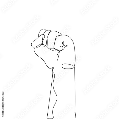Continuous line drawing of strong fist raised up. Human arm with clenched fingers, one line drawing vector illustration.