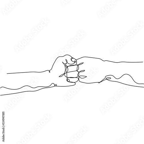 Continuous one line drawing two hands make fist bump. Sign or symbol of power, hitting, attack, force. Communication with hand gestures. Single line design vector graphic illustration