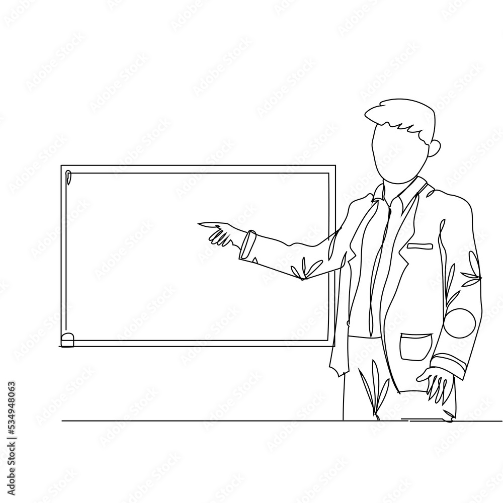 Continuous line drawing of business presentation, business trainer talking with screen at meeting room. Business meeting and presentation concept one line draw design vector illustration Continuous line drawing of business presentation, business trainer talking with screen at meeting room. Business meeting and presentation concept one line draw design vector illustration