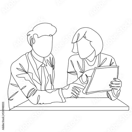 Continuous one line drawing of male CEO explaining business process and Communication and Project management concept. Single line draw design vector graphic illustration.