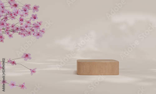 Fototapeta Naklejka Na Ścianę i Meble -  Podium with colorful pastel background and tree or leaf stand on advertising display. 3D rendering.