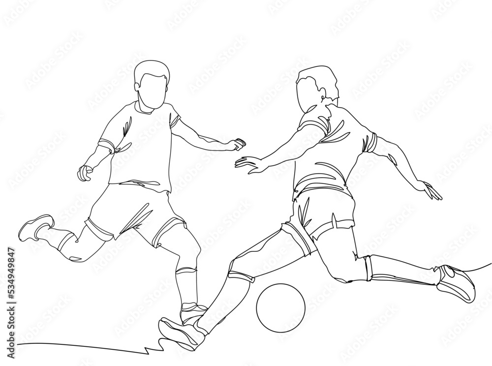 Continuous line drawing of shows a football player kicks the ball. Hand drawn single line vector illustration