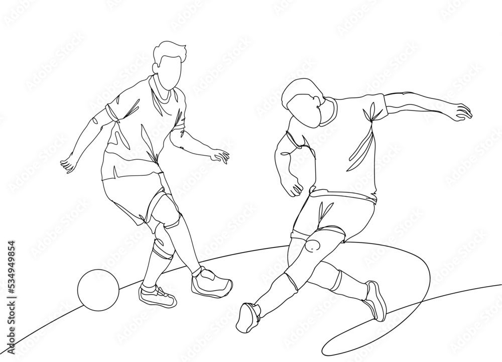 Continuous line drawing of two soccer players dribbling the ball. Hand drawn single line vector illustration