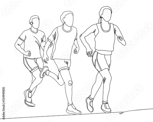 Continuous line drawing of three people jogging together. Hand drawn single line vector illustration
