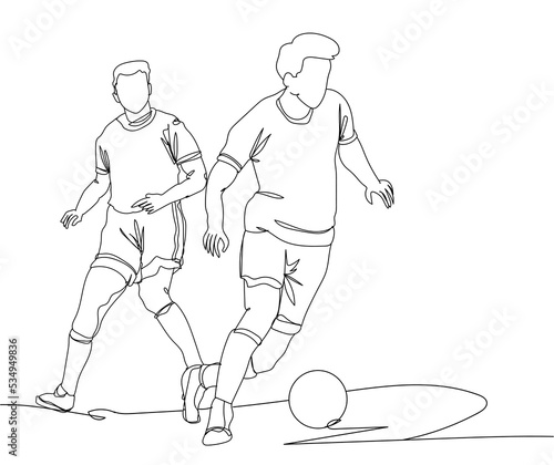 Continuous line drawing of two soccer players dribbling the ball. Hand drawn single line vector illustration
