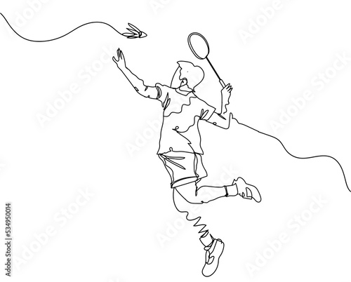 Single continuous line drawing of badminton players who are playing. Hand drawn single line vector illustration