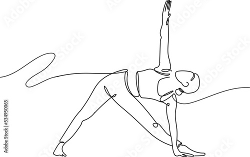 Continuous line drawing of exercising woman on white background. Hand drawn single line vector illustration