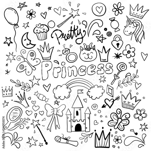 seamless pattern with birds and flowers set princess hand drawn