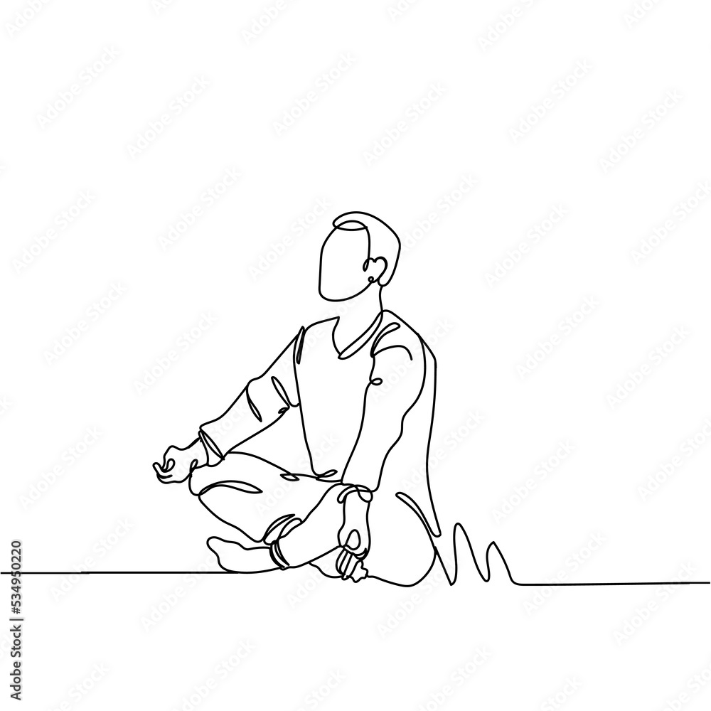 Continuous line drawing of man sitting in lotus pose yoga on white background. Hand drawn single line vector illustration