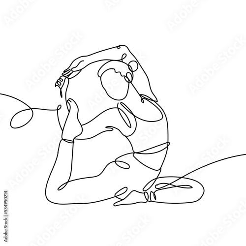 Continuous line drawing of sport woman in yoga on white background. Hand drawn single line vector illustration
