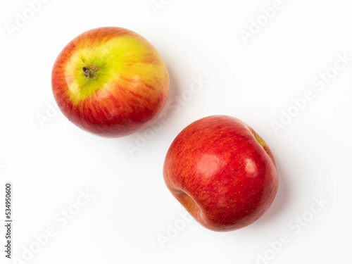 Red fruit apple, top view on white background.