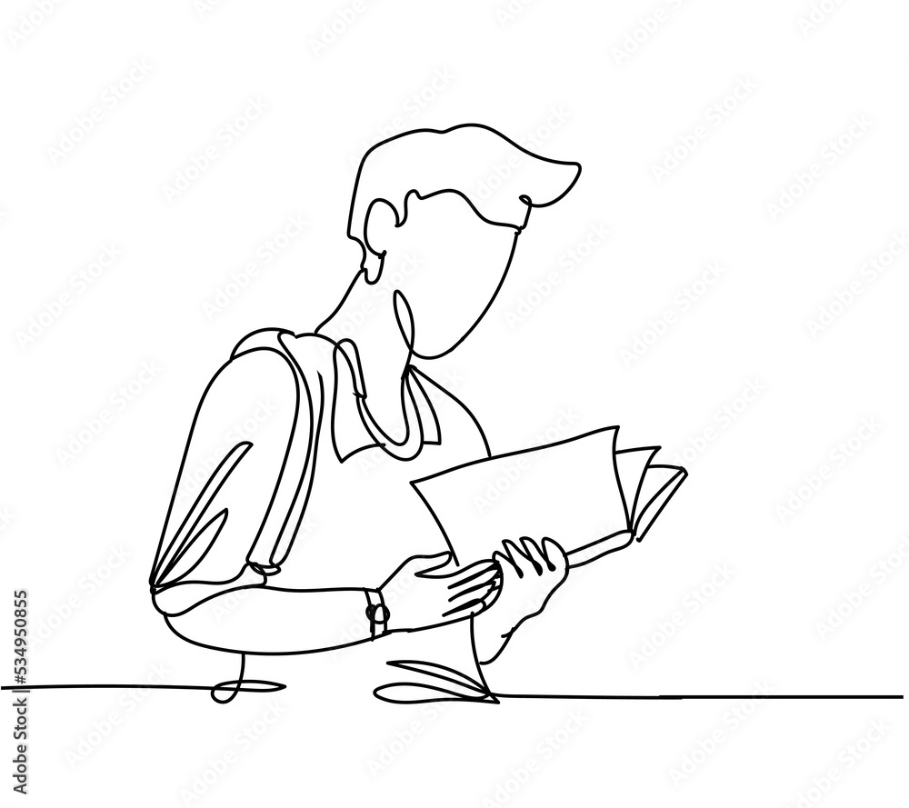 Continuous line drawing of man studying reading book. Hand drawn single line vector illustration