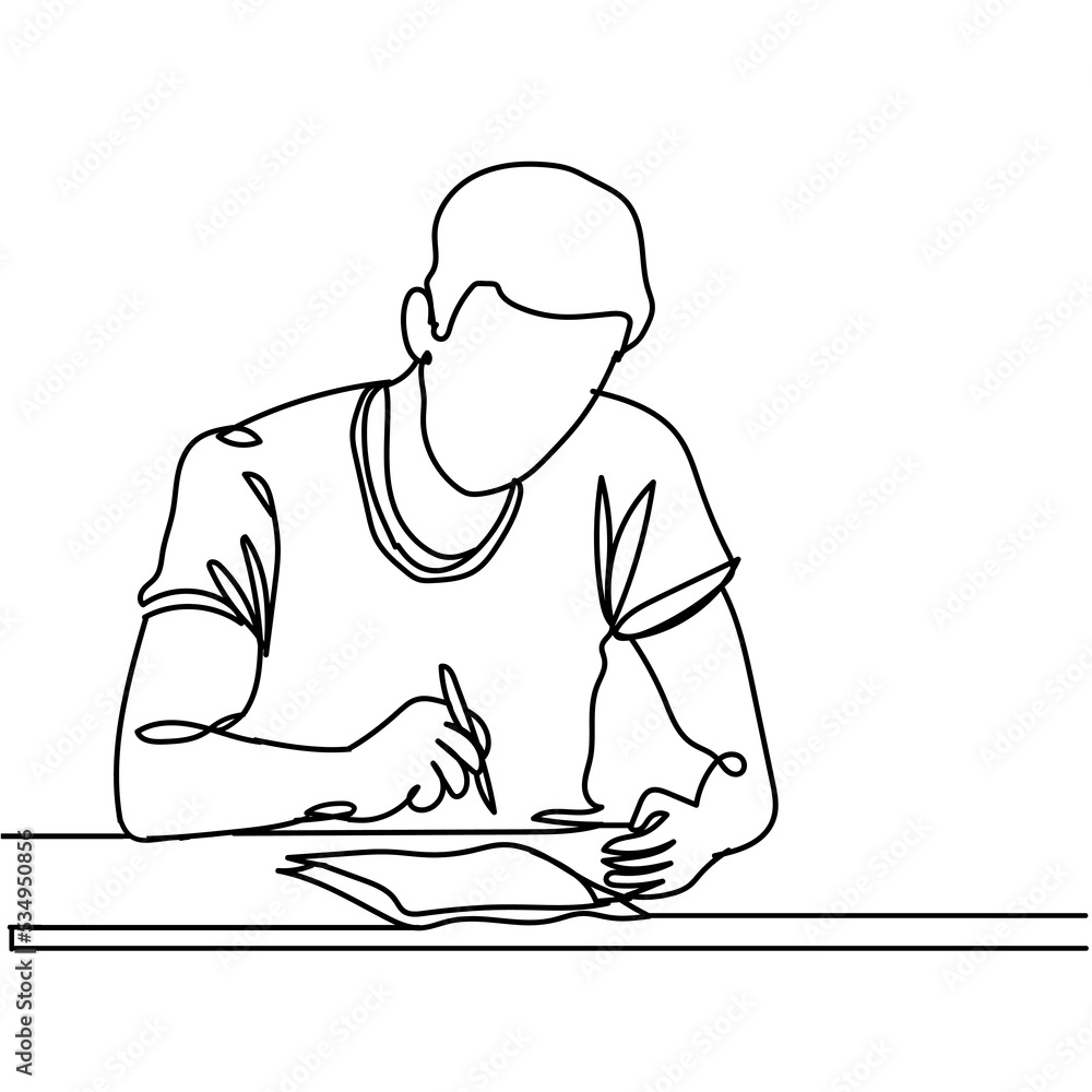 Continuous line drawing of a man sitting at a table who is writing something. Hand drawn single line vector illustration