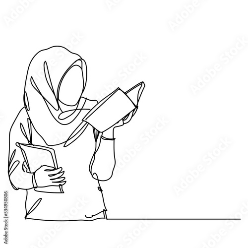 Continuous line drawing of line muslim woman learning standing woman reading book. Hand drawn single line vector illustration