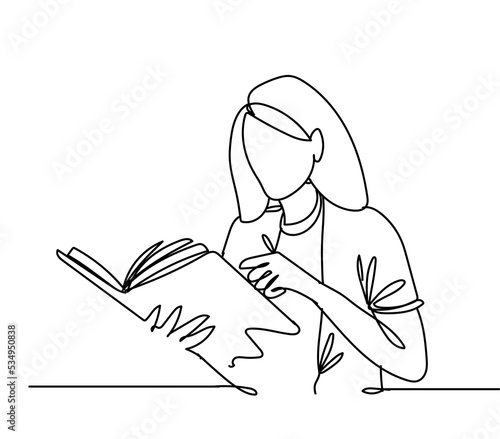 Continuous line drawing of woman studying reading book. Hand drawn single line vector illustration