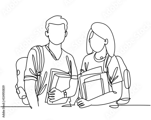 Continuous line drawing of two students with book and standing, teenager college man and woman holding stack of books and studying on white background. Hand drawn single line vector illustration