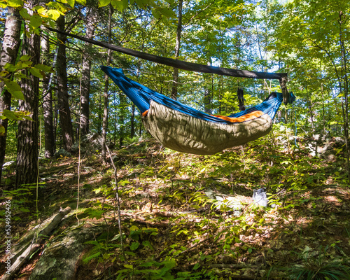 An ultralight hammock camping rig setup in sunlit forest, ready for a snug and comfortable night. Above the hammock is a sleeved tarp ready to e deployed.