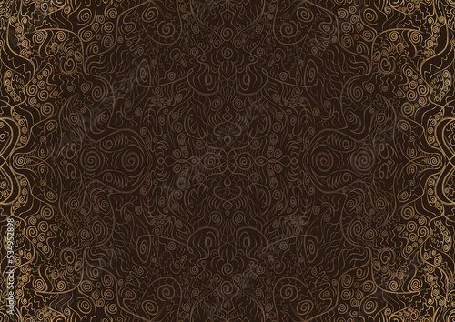 Hand-drawn unique abstract ornament. Light semi transparent brown on a dark brown background, with vignette of same pattern in golden glitter. Paper texture. Digital artwork, A4. (pattern: p06a)