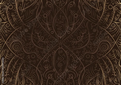 Hand-drawn unique abstract ornament. Light semi transparent brown on a dark brown background, with vignette of same pattern in golden glitter. Paper texture. Digital artwork, A4. (pattern: p08-2a)