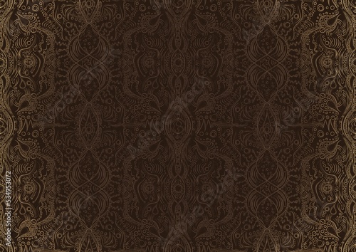 Hand-drawn unique abstract ornament. Light semi transparent brown on a dark brown background, with vignette of same pattern in golden glitter. Paper texture. Digital artwork, A4. (pattern: p09b)