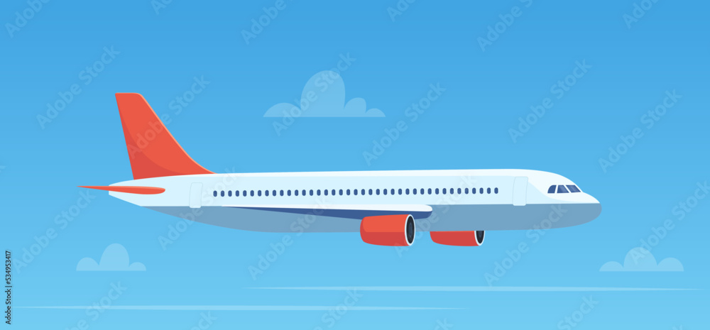 Flying plane above the clouds. Aircraft in the sky. Travel concept illustration for advertising airline, website to search for air tickets, travel agency. Traveling flyer, banner, vector illustration.