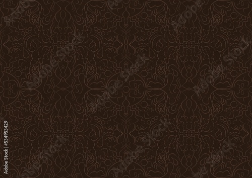 Hand-drawn unique abstract symmetrical seamless ornament. Light semi transparent brown on a dark brown background. Paper texture. Digital artwork, A4. (pattern: p07-1b)