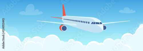 Flying plane above the clouds. Aircraft in the sky. Travel concept illustration for advertising airline, website to search for air tickets, travel agency. Traveling flyer, banner, vector illustration.