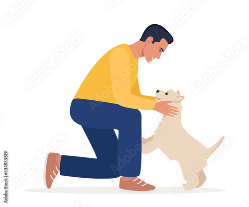 Man and cute dog joyful meeting. Warm hugs of pet owner and West Highland White Terrier. Man glad to see animal friend. Lovely funny dog. Vector illustration.