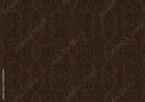 Hand-drawn unique abstract symmetrical seamless ornament. Light semi transparent brown on a dark brown background. Paper texture. Digital artwork, A4. (pattern: p09b)