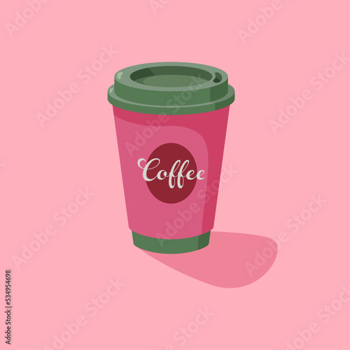 Vector illustration disposable coffee cup icon on pink
 background. Coffee cup logo. Flat illustration