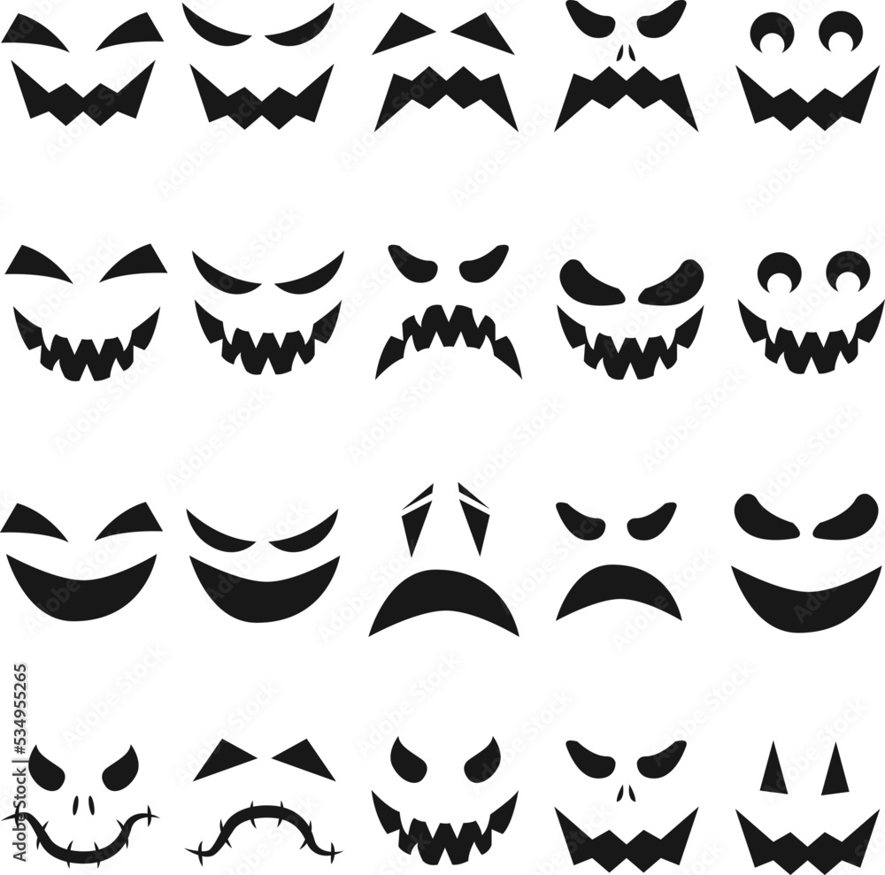 halloween monster jack lantern pumkin carved glowing scary face set on white background. holiday cartoon character collectionfor celebrating design. vector cartoon spooky  
