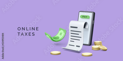 Smartphone with green dollar, coins and financial bill. Online taxes concept. Business banner for e-commerce service or app