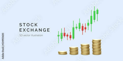 Stock exchange trading concept with candlestick chart and stack of gold coins. Business and finance investment concept