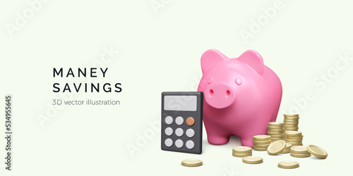 Calculator piggy bank and stack of gold coins in 3D realistic cartoon style. Money savings concept. Finance management banner