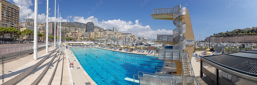 Panoramic view of the swimming pool in the port of Monaco during the day