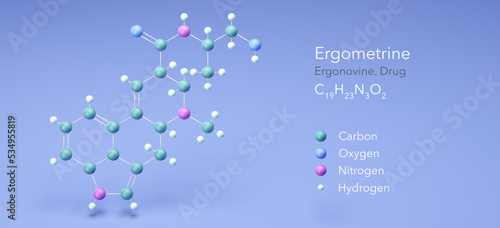 ergometrine, molecular structures, Ergonovine, drug, 3d model, Structural Chemical Formula and Atoms with Color Coding photo